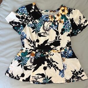 Jaanuu White, Black and Blue Floral Women's top